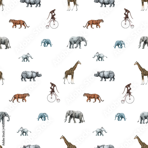 Beautiful vector stock seamless pattern with cute hand drawn safari giraffe elephant tiger monkey rhinoanimal pencil illustrations.