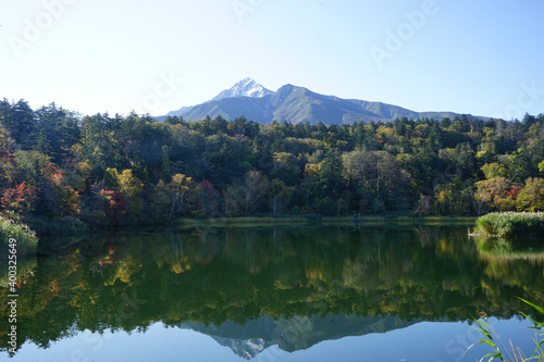 Mirror Pond at Himenuma Park with Mount Rishiri View in Rishiri Island, Hokkaido, Japan - 秋の姫沼 北海道 利尻郡 利尻富士町 photo