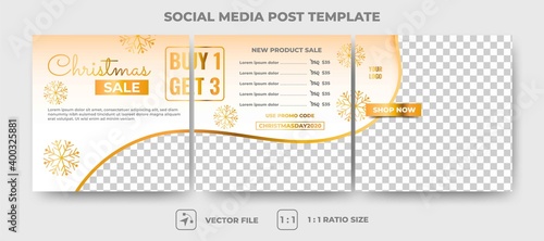 Set of editable square puzzle banner template. Christmas sale social media post template with gold color. Flat design vector with photo collage. Usable for social media and banner