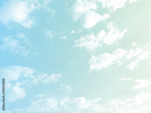 Realistic cloud and sky vector graphic image. background, web banner, web header, footer, flier, blue, green, sky, sunny, frame, copy space, vector illustration, copy space, blank, blue sky, green,
