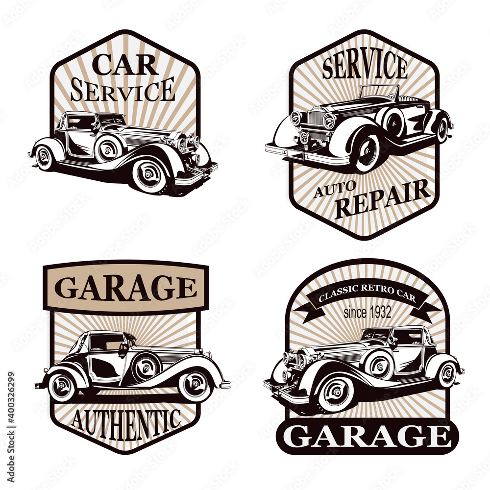 Set of retro car  emblems,  icons isolated on white background. Garage and service car repair.