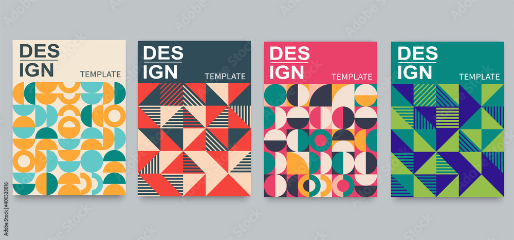 Postmodern geometric patterns for posters, backgrounds or cards. Set of trendy templates with abstract shapes, squares, circles, triangles and lines.