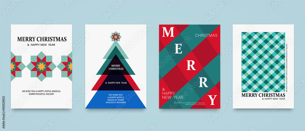 Merry Christmas and Happy New Year set backgrounds, posters, covers or cards. Abstract holiday templates with Christmas tree star, red and green checkered plaid texture. Merry Christmas and Happy New Year set backgrounds, posters, covers or cards. Abstract holiday templates with Christmas tree star, red and green checkered plaid texture.