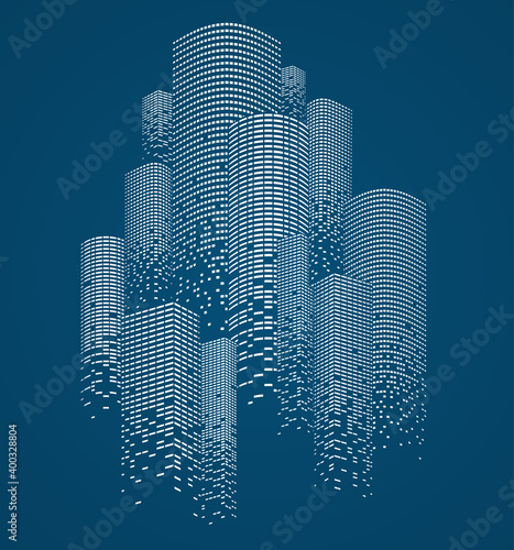Skyscrapers buildings concept. Silhouette modern business city, wireframe linear design.