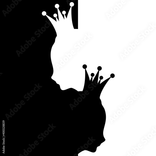 Abstract people icons. Diversity between humans metaphor. Black and white queen silhouettes