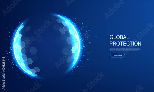 Power protective energy dome, shield on blue background. Inviolable field, protection and safety concept. photo