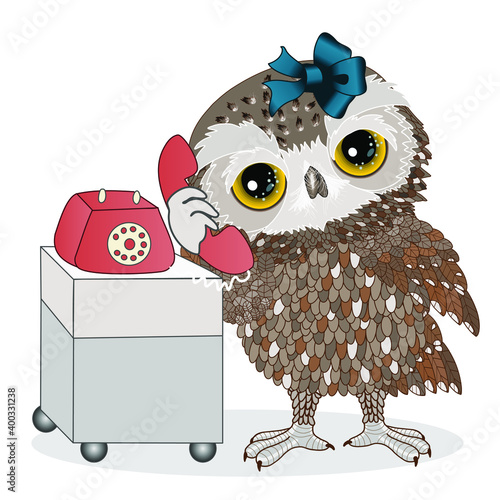 emoji with retro owl secretary holds a vintage handset near her ear while answering the phone call, hand drawn emoticon, facial expression