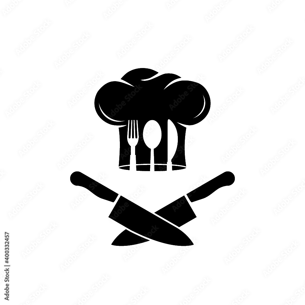 Chef logo with chef's hat and knives icon isolated on white background Chef logo with chef's hat and knives icon isolated on white background
