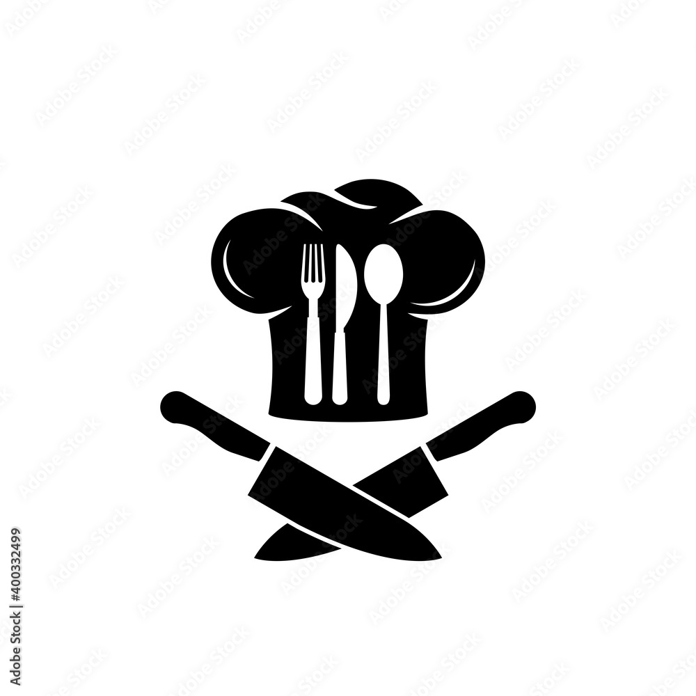 Chef logo with chef's hat and knives icon isolated on white background