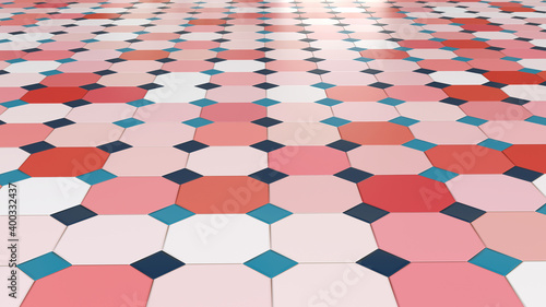 A pattern of ceramic tiles of different colors. Complex floor colors.  © Sergey