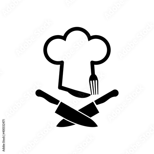 Chef logo with chef's hat and knives icon isolated on white background