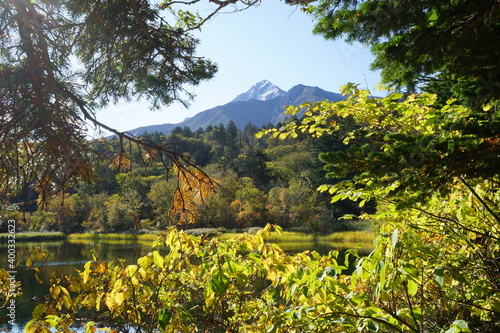 Mount Rishiri, Rishiri Fuji, with beaufitul autumn foliage from Himenuma in rishiri island, hokkaido - 利尻富士 秋の姫沼 北海道 利尻郡 利尻富士町	 photo