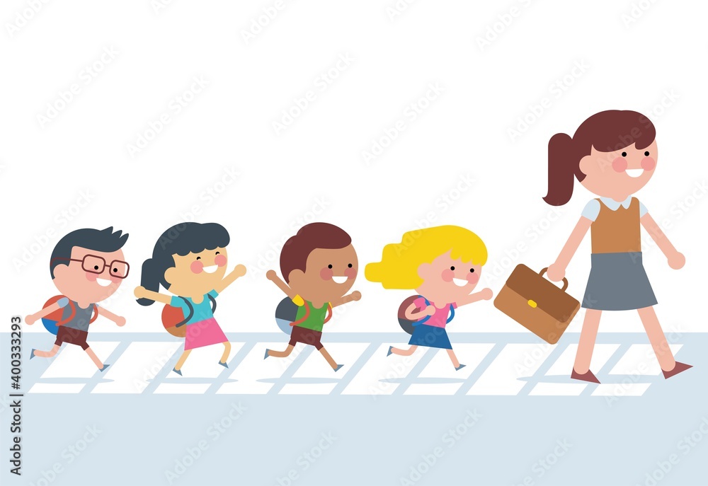 Students of various ethnic schools are crossing the street on a zebra cross led by their female teacher. Flat Illustration style. Students of various ethnic schools are crossing the street on a zebra cross led by their female teacher. Flat Illustration style.