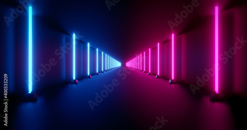 Fototapeta Naklejka Na Ścianę i Meble -  3d rendering dark tunnel with blue and pink neon light.