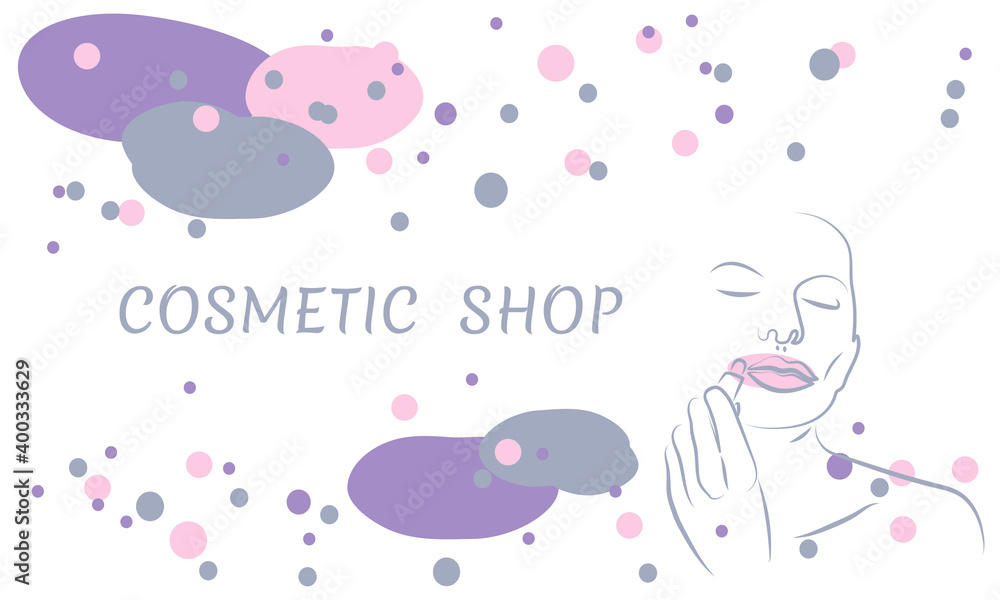 Background for cosmetic products with the contours of a woman's face. Woman paints lips with lipstick. Outline drawing. Skin care and makeup. Background for social networks. Vector banner for cosmetic