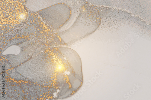 Pale grey and gold stone marble texture. Alcohol ink technique abstract vector background. Modern paint with glitter. Template for banner, poster design. Fluid art painting