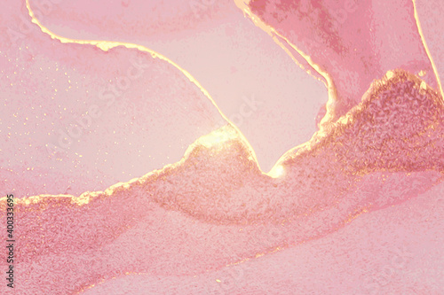 Shining rose, and gold stone marble texture. Alcohol ink technique abstract vector background. Modern paint with glitter. Template for banner, poster design. Fluid art painting