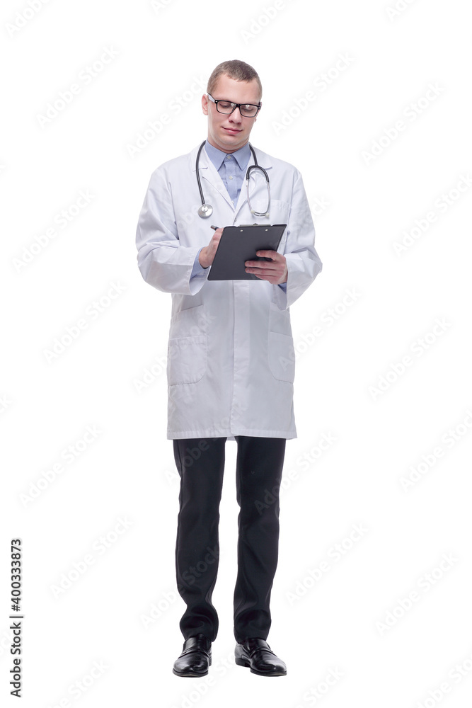 Happy smiling doctor writing on clipboard, isolated on white background Happy smiling doctor writing on clipboard, isolated on white background