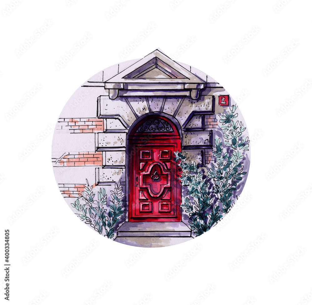 Red door to La Rochelle isolated on white background. Watercolor traditional old-fashioned door  with potted flowers, brick stones, lantern.   Hand painted illustration in vintage style