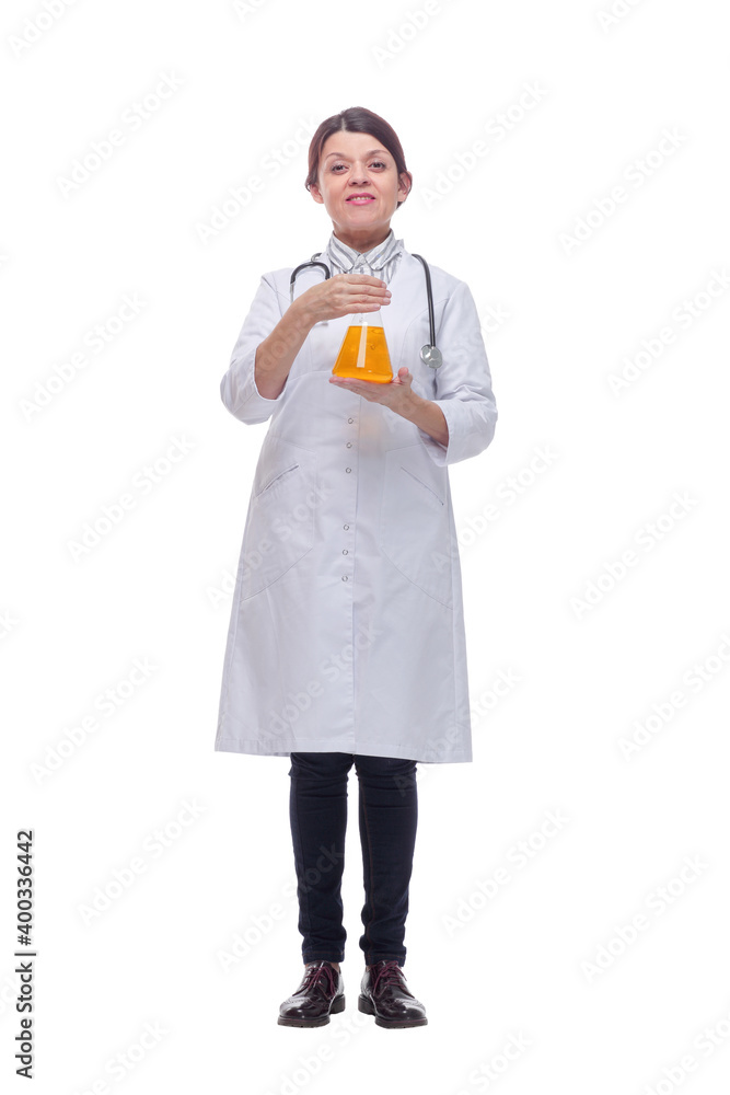 Beautiful woman doctor with yellow liquid in a flask Beautiful woman doctor with yellow liquid in a flask