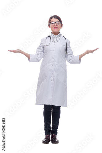 Smiling medical doctor woman with stethoscope. Isolated over white background.