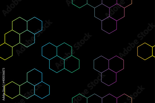 colored hexagons on black seamless pattern