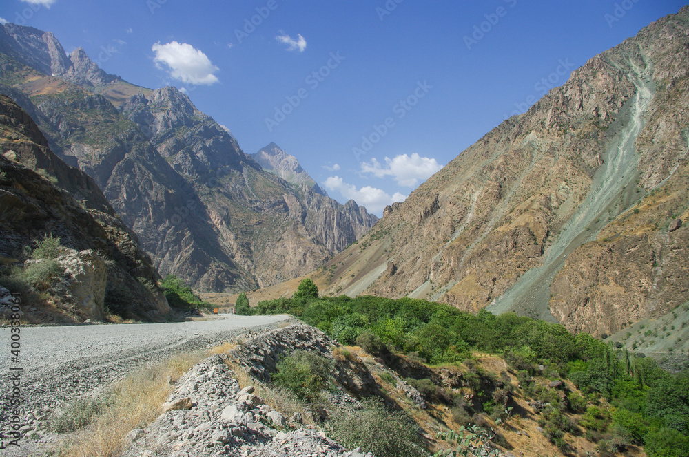 Beautiful roadside view of the Panj river valley bordering Afghanistan in Darvaz district, Gorno-Badakshan, the Pamir region of Tajikistan