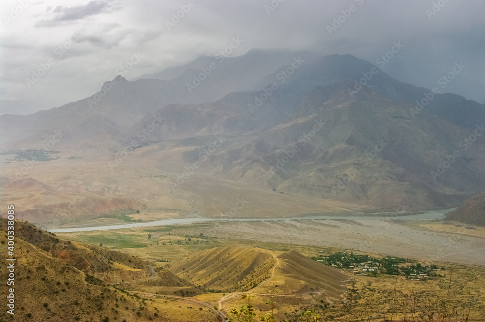 Spectacular view of Panj river valley border between Tajikistan and Afghanistan in Darvaz district, Gorno-Badakshan region, Tajikistan