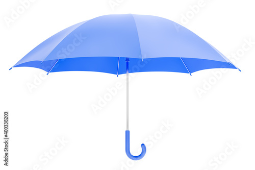 Blue Unfolded Umbrella. Hanging in the air blue colored handheld umbrella in opened state which is isolated on white background. 3D-rendering graphics.