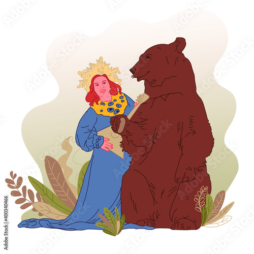 Fairy tale theme, vector illustration. Girl with balalaika and bear in the forest. Holiday card, book illustration