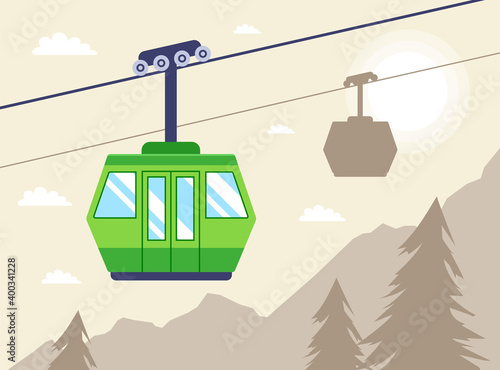 the cabin on the cable car rises along the mountainside. flat vector illustration.