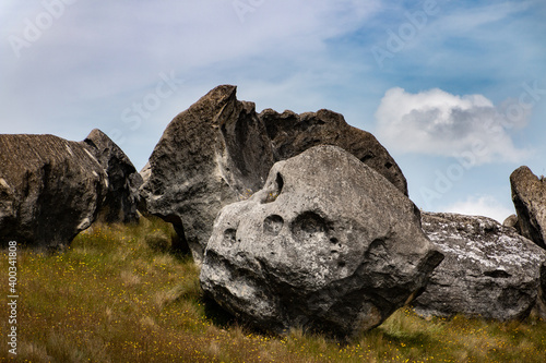 human skull shaped rock in castle hill new zealand