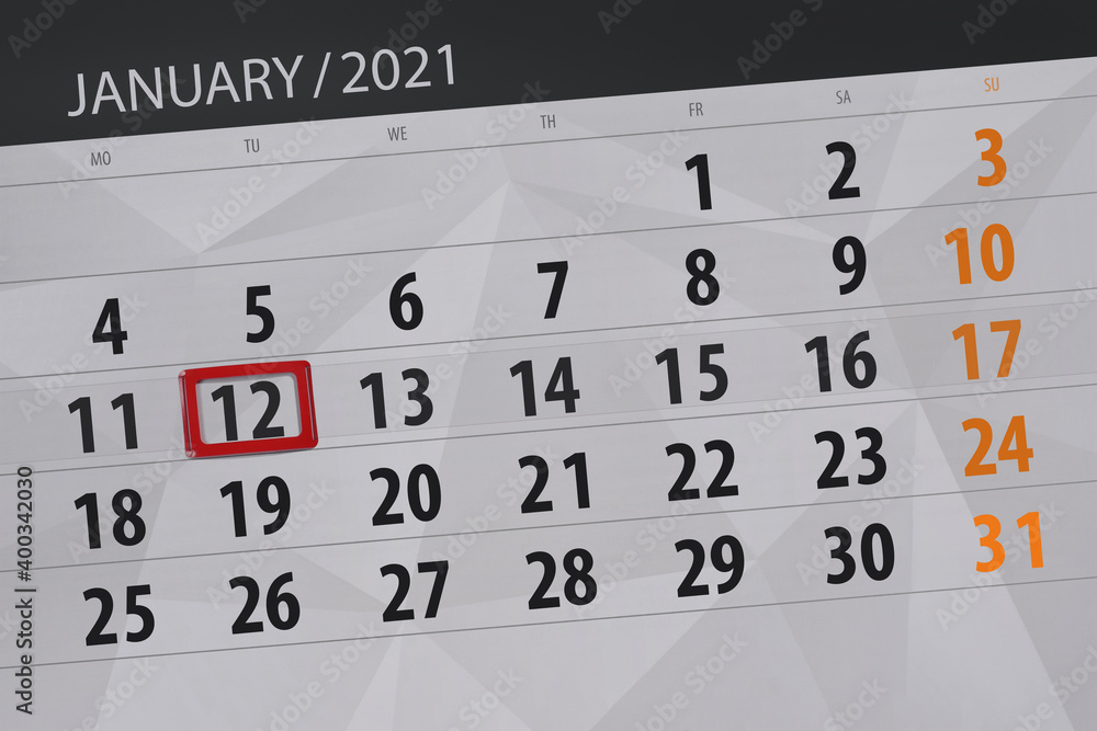 Obraz premium Calendar planner for the month january 2021, deadline day, 12, tuesday