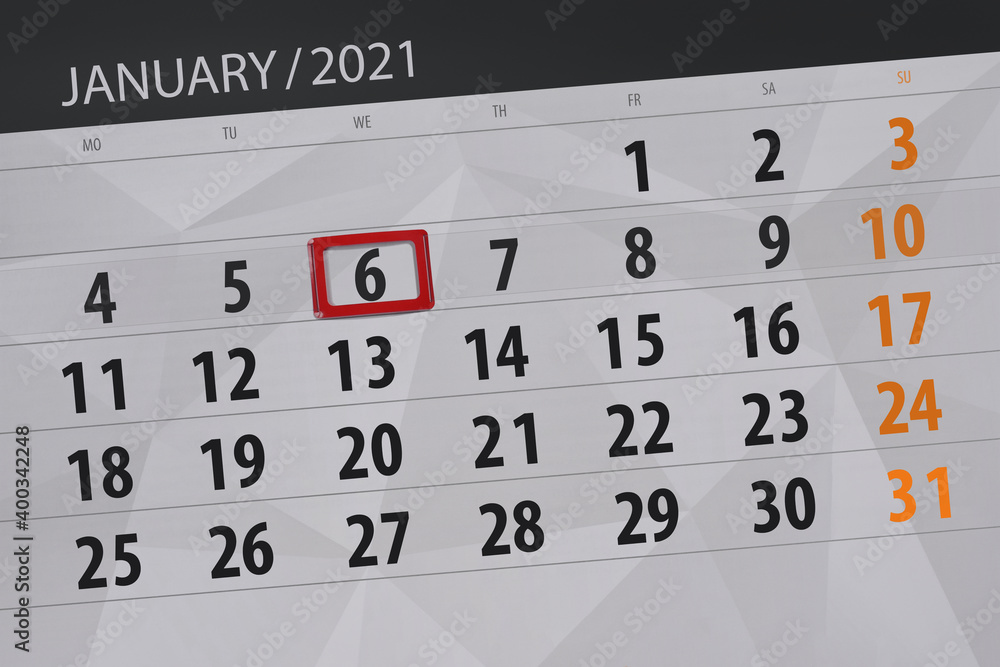 Obraz premium Calendar planner for the month january 2021, deadline day, 6, wednesday