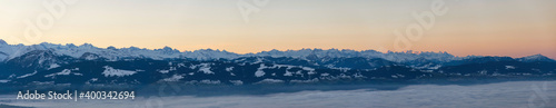 Morning mist view from Bachtel Tower, Zurich Oberland, to the Swiss Alps with a sea of fog over the lake of Zurich Switzerland