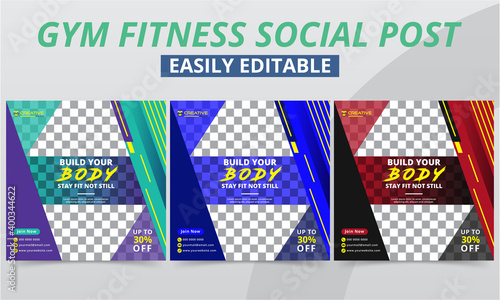 Fitness Gym Social Media Post Layout for Workout Club Membership Increasing Header, Tips & Offer Advertising Templates. Modern Geometric Sport & Bodybuilding Promo Social Media Square Web Banner.