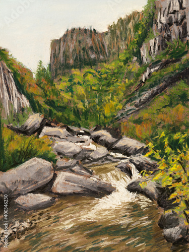 Pastel painting, turbulent stream running through rocky stones, mountain valley forest in beautiful autumn fall color.