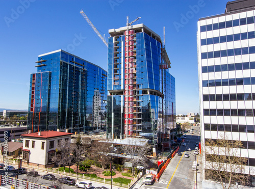 San Jose, CA – Mar 18, 2019: Downtown San Jose view of KT Properties’ Silvery Towers, a luxury residential development, under construction.