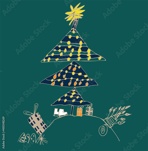 Christmas design colored card drawn by kids hand in doodle style marker pen. Childlike freehand art. Cute clumsy hand drawn sketch for new year kids design, greeting card, print, baby room, poster.