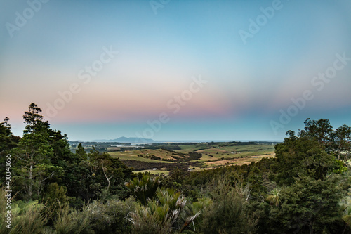 pastel color sunset in the meadows of Mangawhai