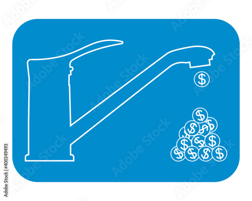 Dripping faucet money. Outline vector drawing, icon. Isolated outline illustration.
