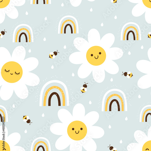 seamless pattern with bees, rainbows and daisy flower on pastel blue background vector illustration. Cute childish print.