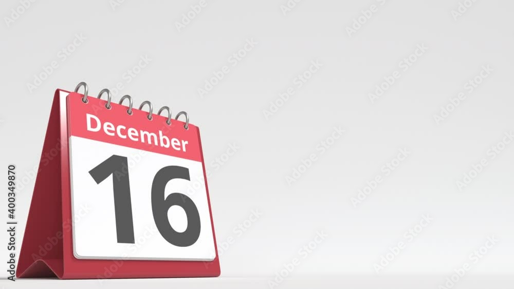 December 16 date on the flip desk calendar page, blank space for user text, 3d animation December 16 date on the flip desk calendar page, blank space for user text, 3d animation