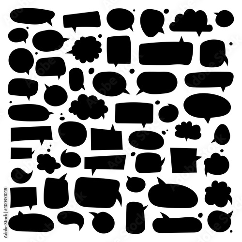 Big set of dialog boxes different variants drawn by hand. Vector flat illustrations. Collection black doodle for talk, dialogue, decoration on white background