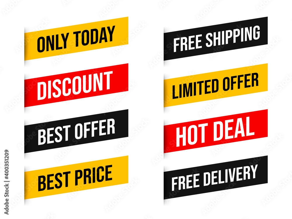 Set discount label with advertising text on brush stripe in different colors. Vector illustration. Set discount label with advertising text on brush stripe in different colors. Vector illustration.