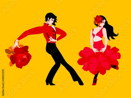 Young man and woman in love. Flamenco, tango, latina dancers. Date. People isolated on yellow background.