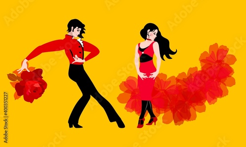 Young people dancing flamenco. Couple in love. Spanish, hispanic motifs. Vector design.