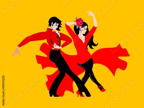 Young man and woman, dressed in red and black clothes, dancing flamenco. Expression, love, passion.