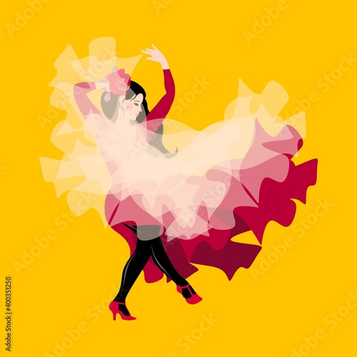 A young gypsy girl, dressed in a dark pink dress and holding a white transparent shawl, is dancing flamenco.