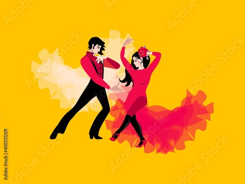 Beautiful young couple in traditional Spanish costumes dancing flamenco. Girl and young man isolated on a yellow background. Stylish postcard. Wedding invitation. Poster.